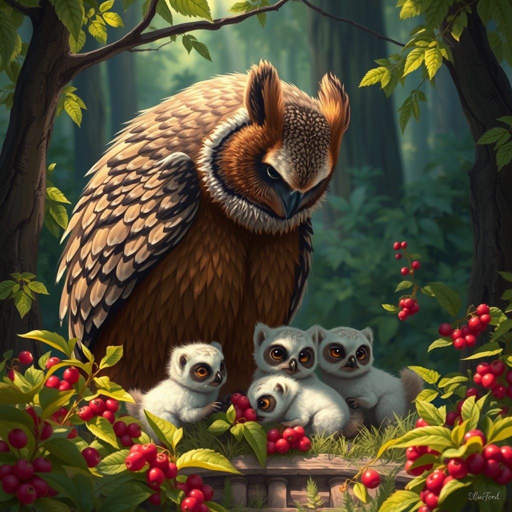 Owl-Bear Mother in Whimsical Forest Landscape