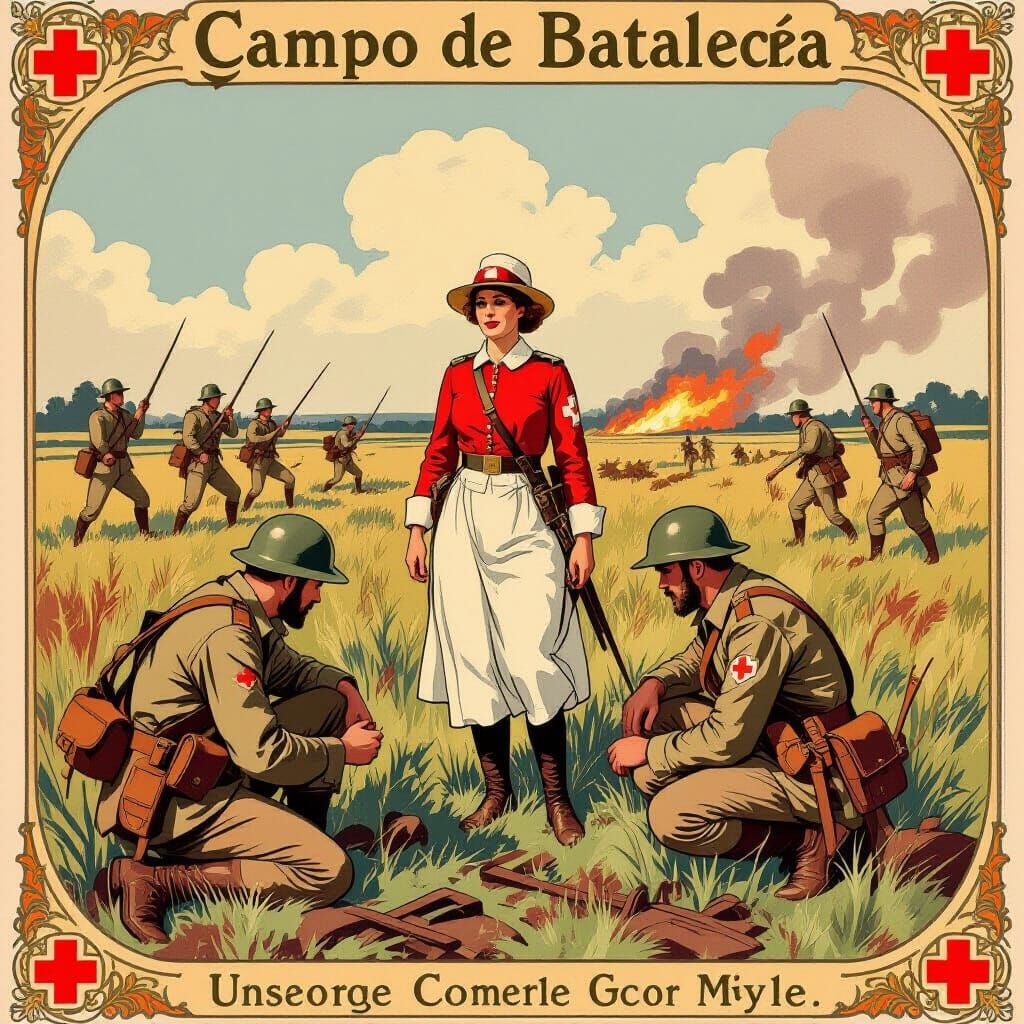 Wounded Soldiers Aided by Red Cross Nurse