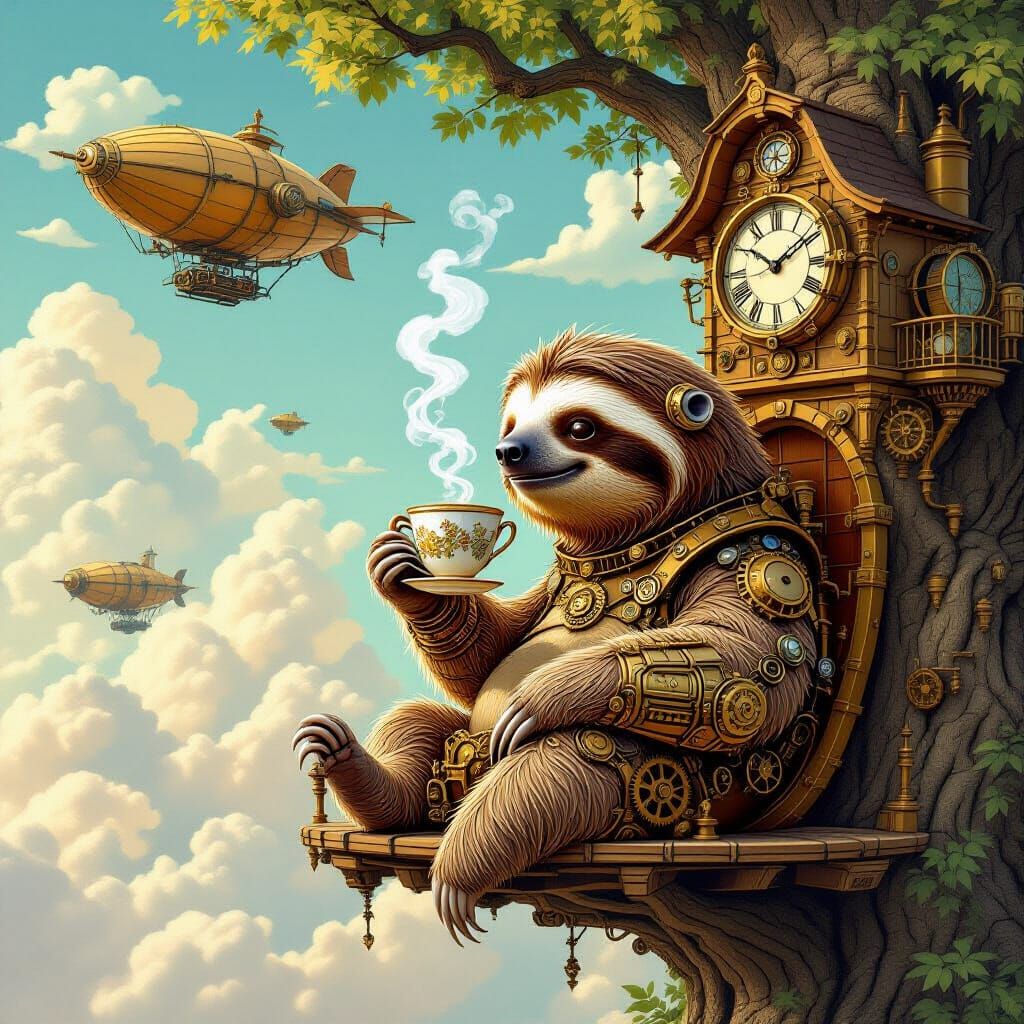 Steampunk Sloth Enjoys Tea in Clockwork Treehouse