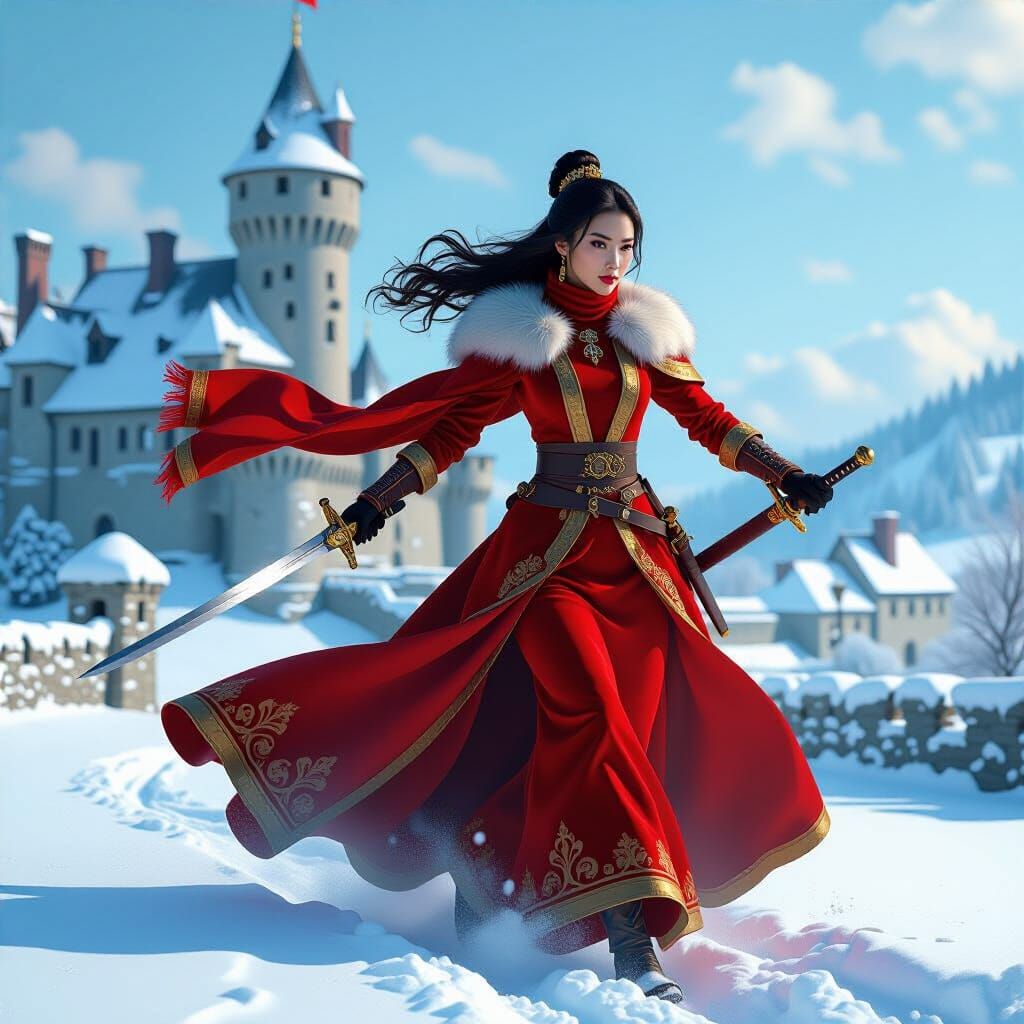 Asian Queen Wielding Sword at Winter Castle