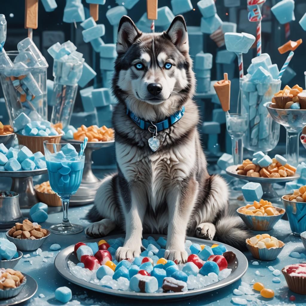 Husky in a Blue Candy Dreamscape as Digital Art