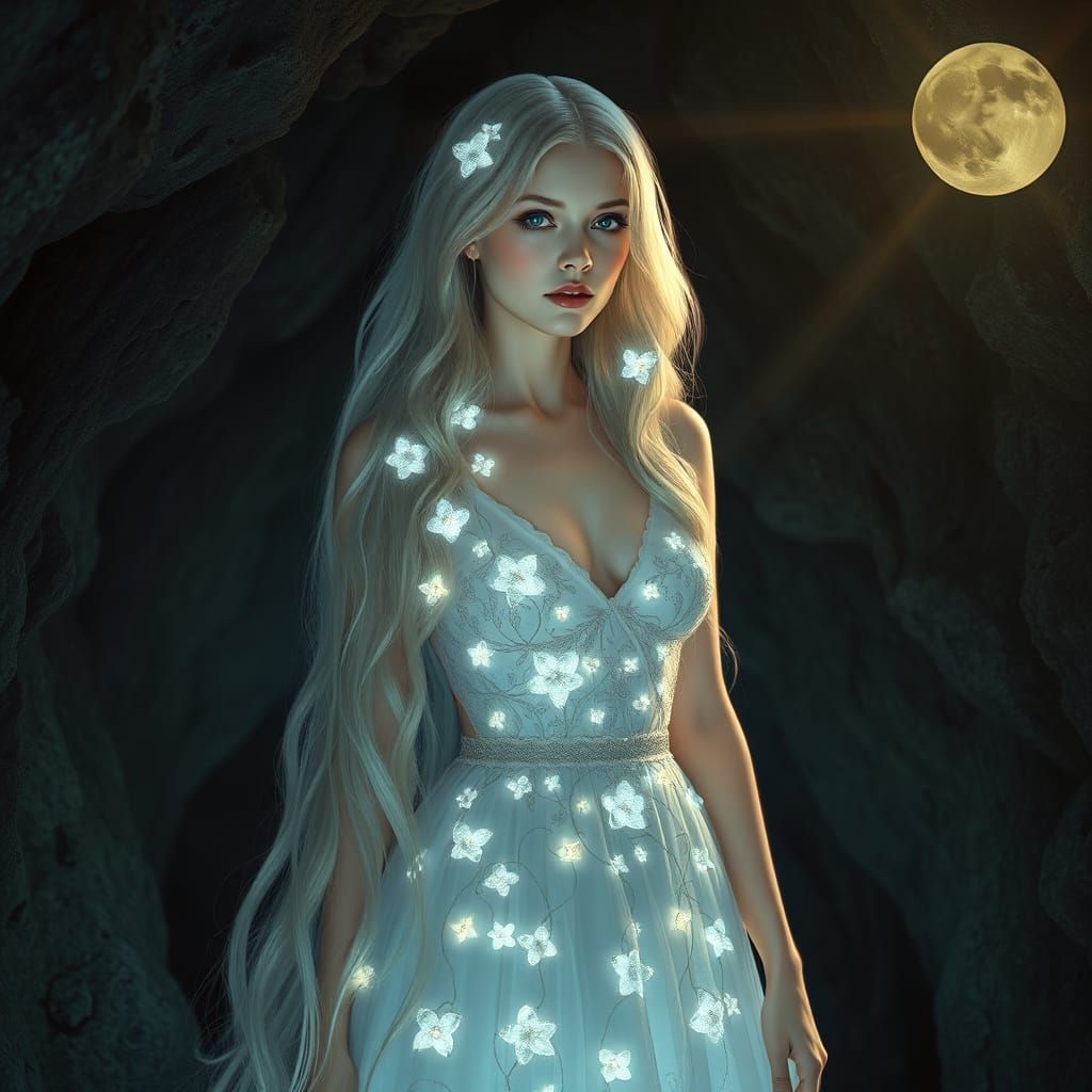 Ethereal Woman with Bioluminescent Flowers in Art Nouveau St...