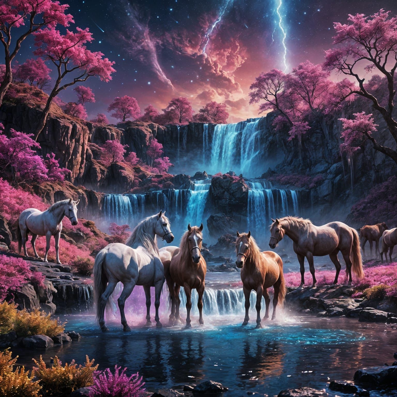 Blue Waterfall with Horses: Fantasy Concept Art