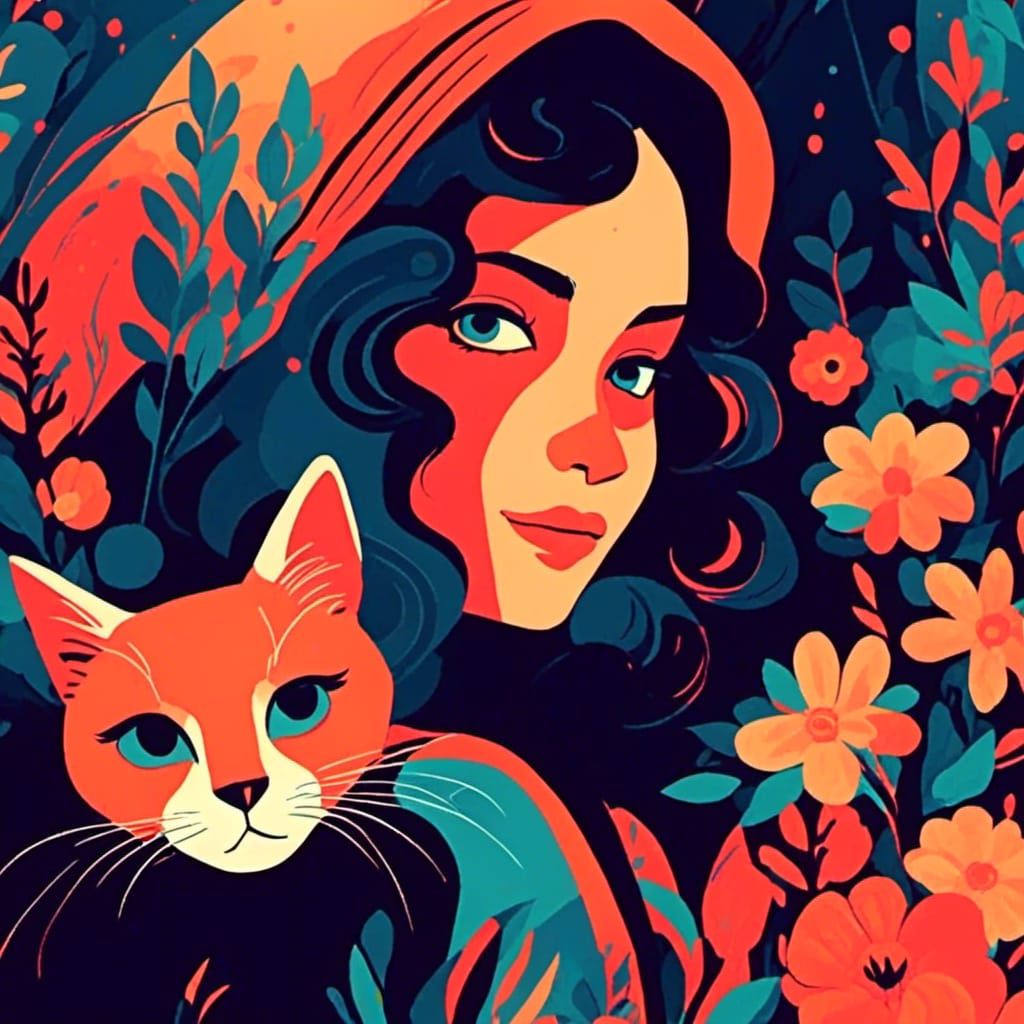 Woman and Cat Portrait in Mid-Century Style