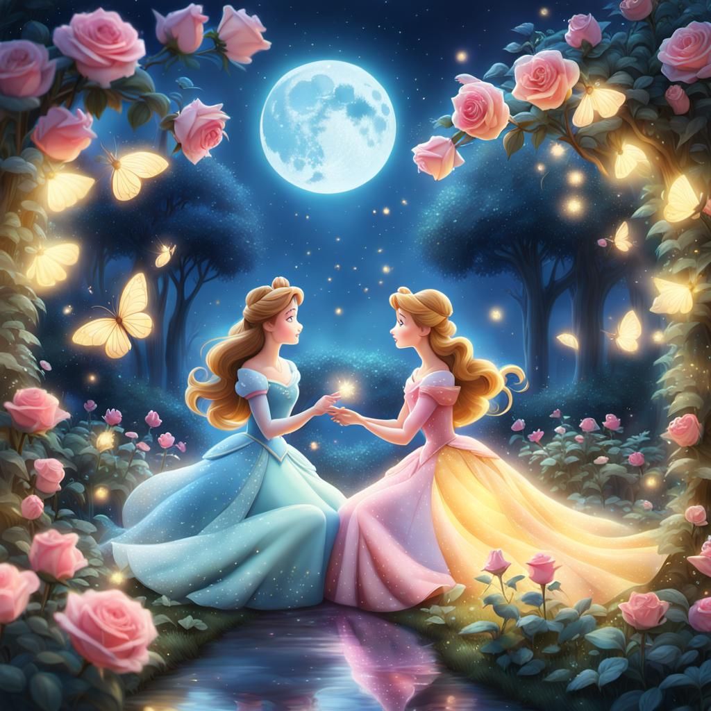 Disney Princesses Kissing in Moonlit Garden