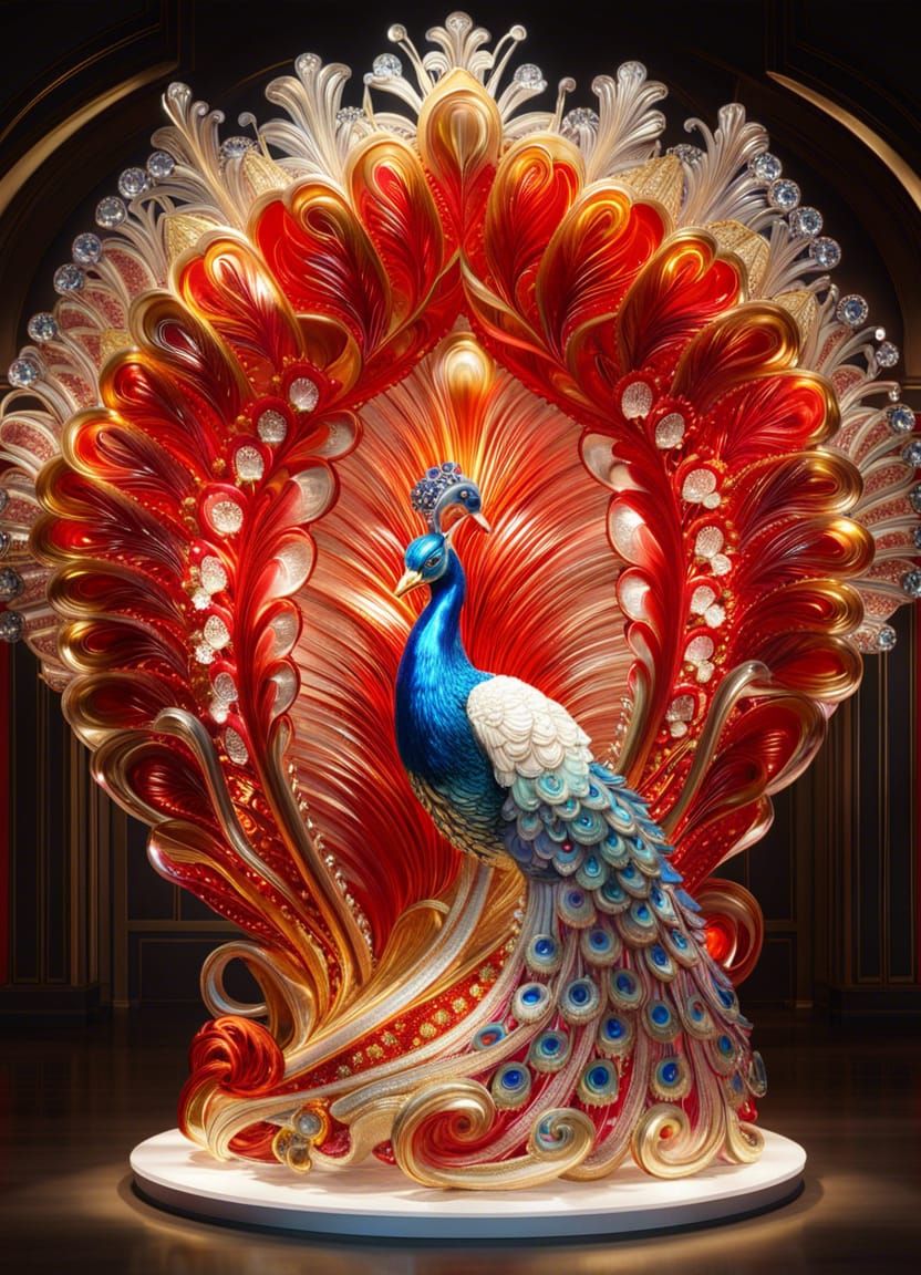 Rococo Glass Peacock Sculpture in Triadic Colors