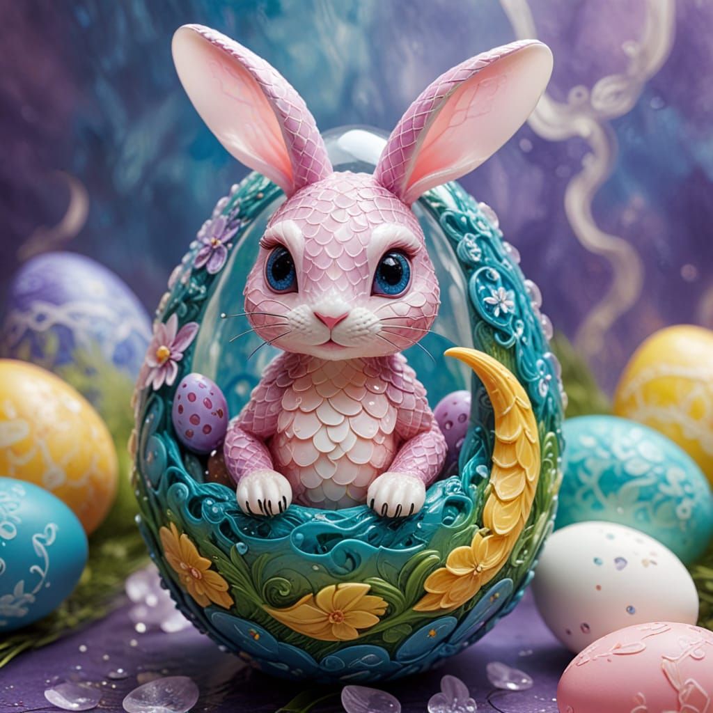Ethereal Impasto Snake Entwines Easter Egg and Bunny in Vibr...