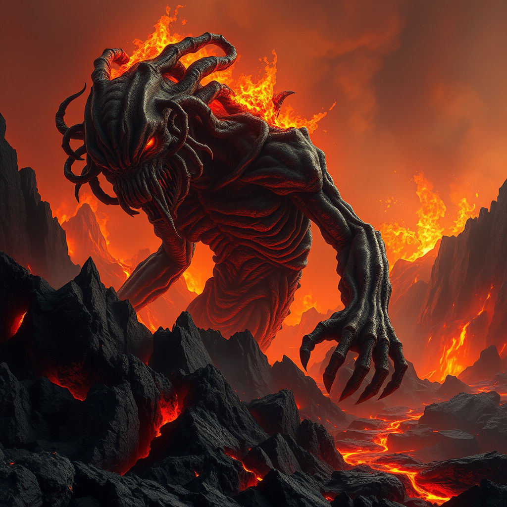 Volcanic Demon God Rises in Hellish Landscape