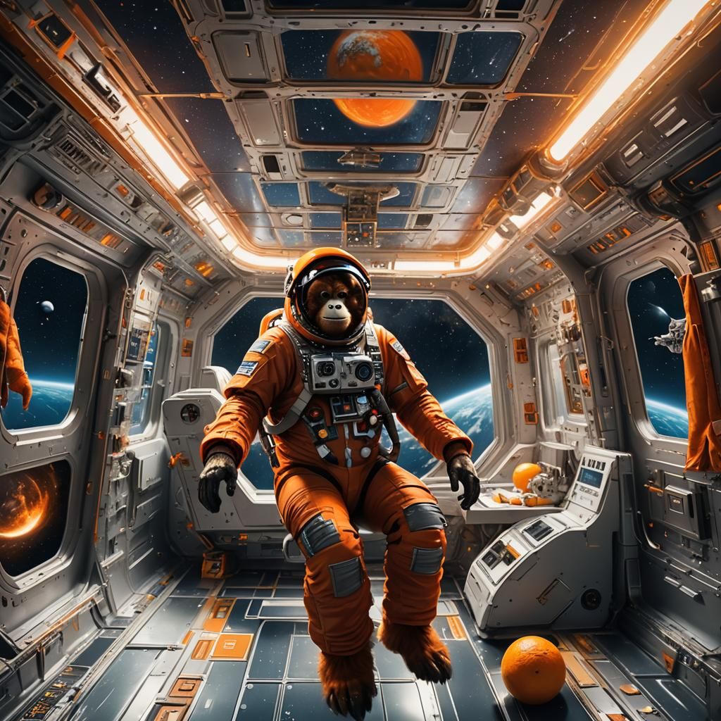 Orangutan Astronaut Enjoys Orange in Spaceship