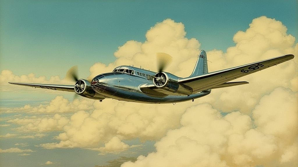 Futuristic 1930s Plane Over Golden Clouds