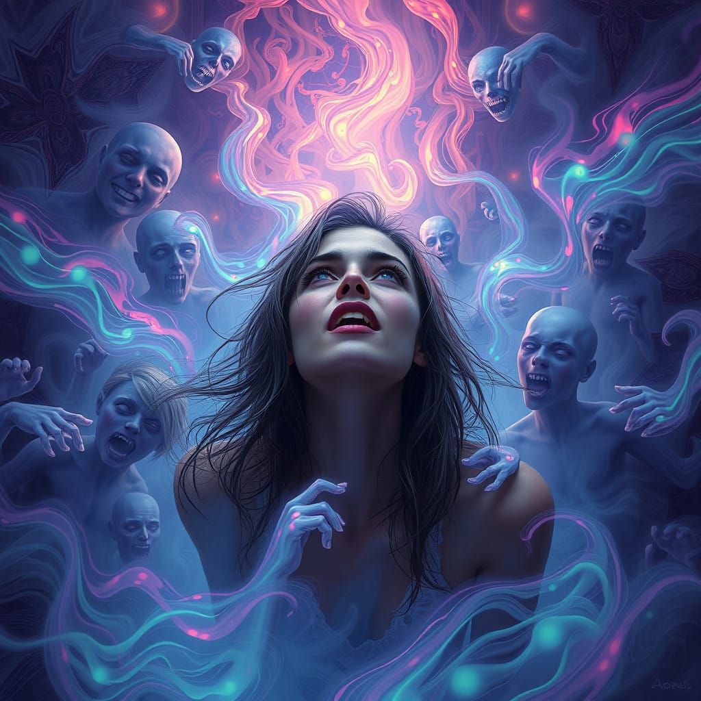 Ethereal Woman Mesmerized by Glowing Specters in Psychedelic...