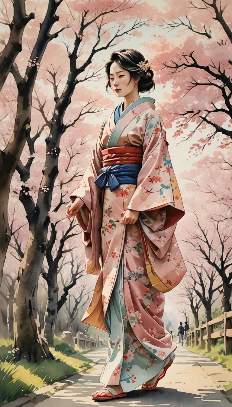 Japanese Woman in Cherry Blossom Landscape Mokuhanga