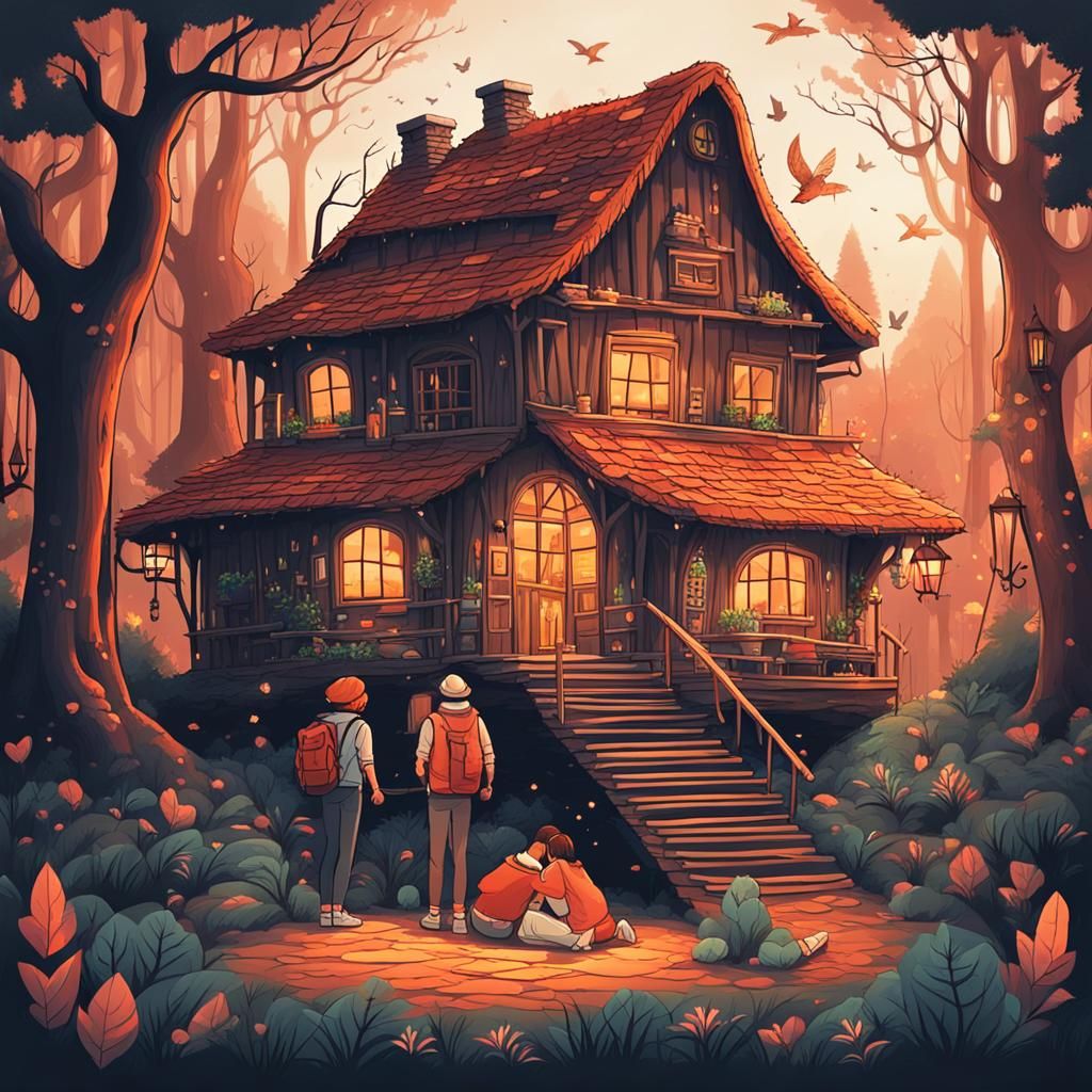 Cozy House in Mystical Forest Scene