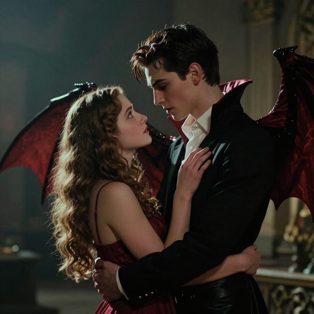 Vampire Boy With Demon Wings Holds Girl Romantically