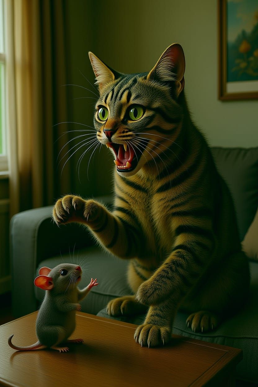Surprised Cat and Mouse Struggle in Dynamic Lighting