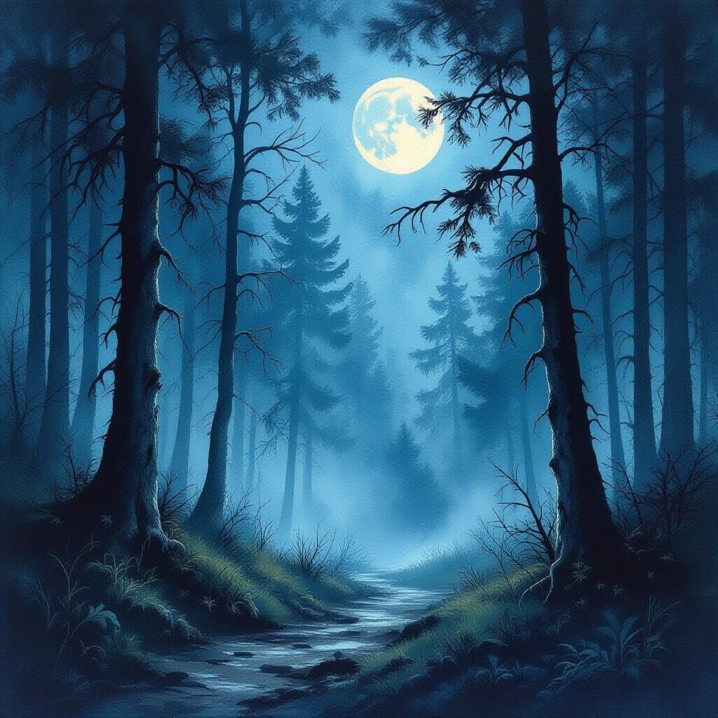 Moonlit Spooky Forest in Watercolor Style