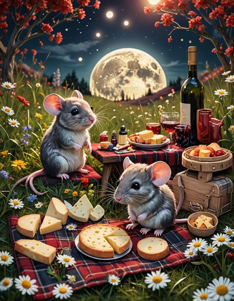 Chibi Mice Picnic Under Full Moon as 3D Digital Art
