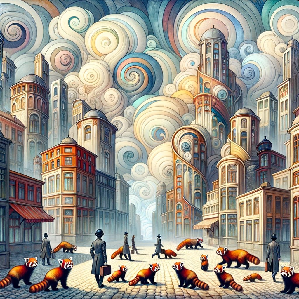 Whimsical City of Red Pandas in Bowler Hats