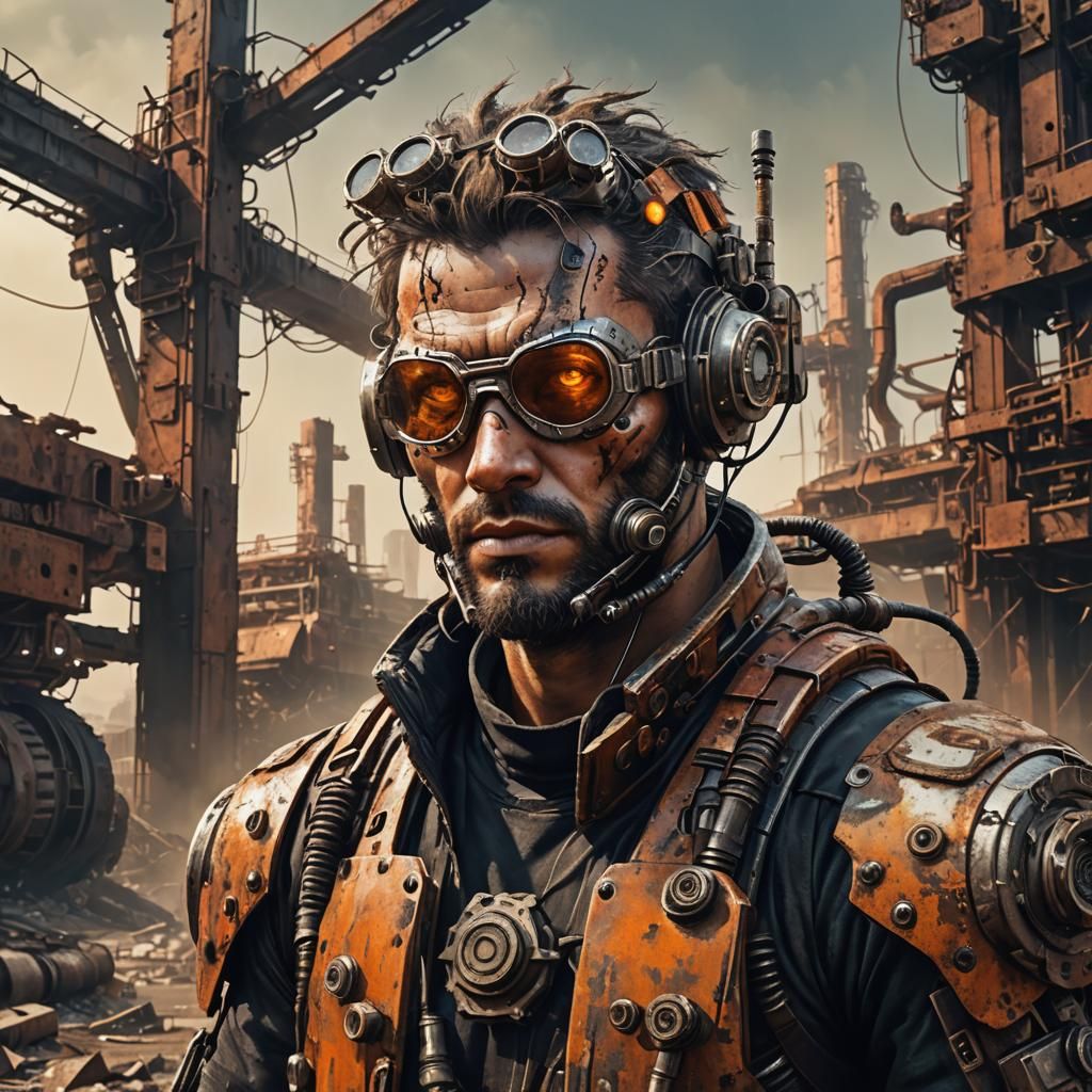 Cyberpunk Cyborg Portrait in Post-Apocalyptic Wasteland