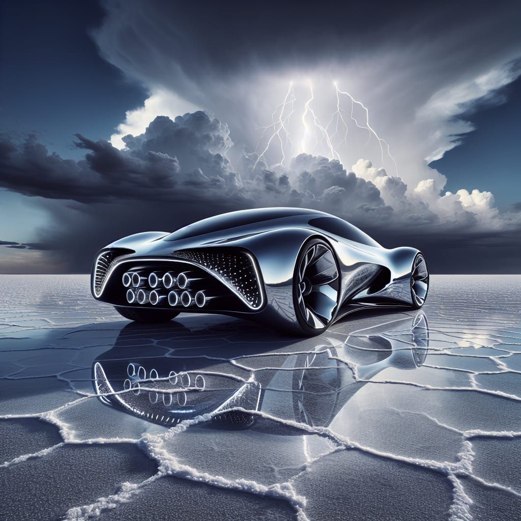 Futuristic Car on Salt Flats Under Lightning Sky