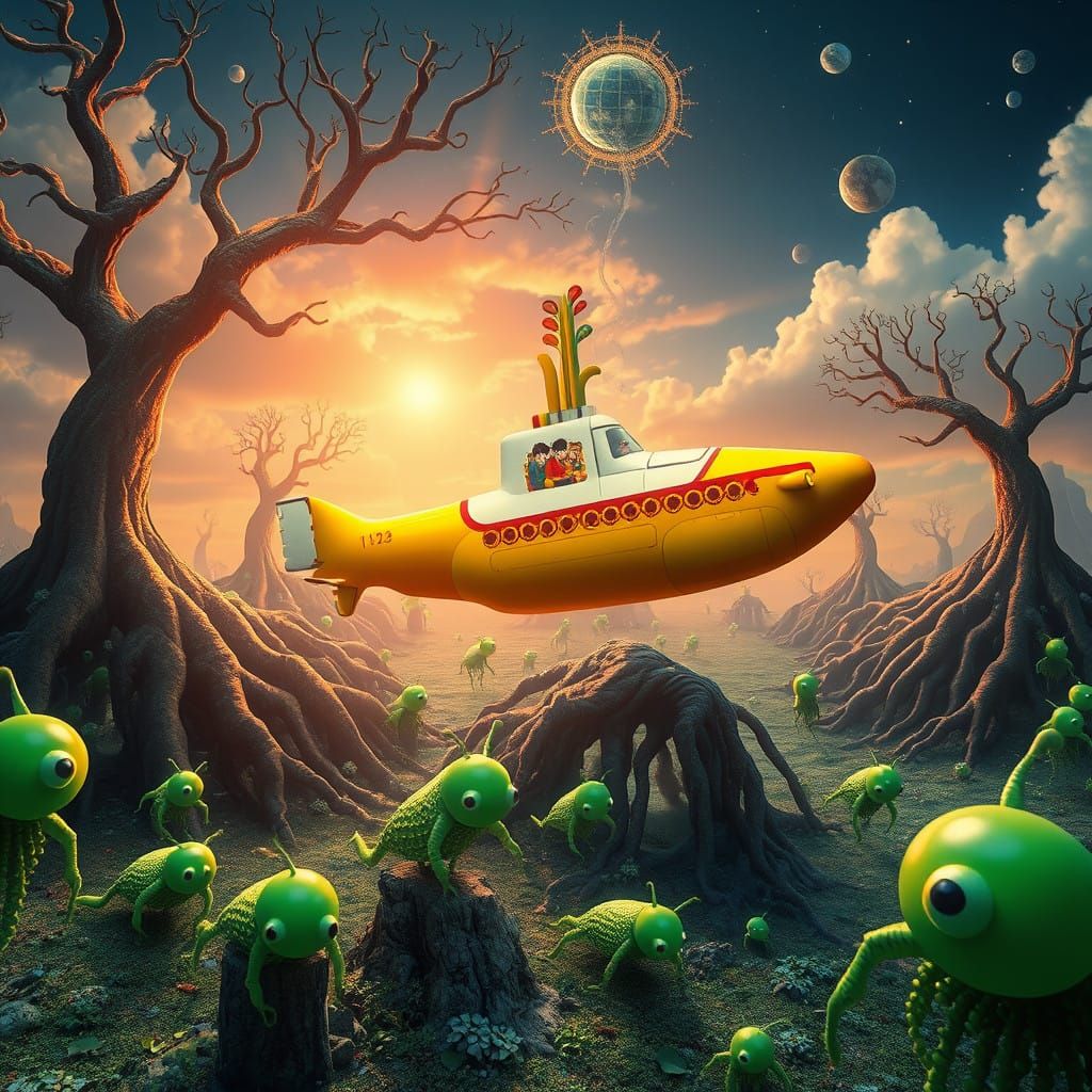 Emerald Beings Chase Yellow Submarine in Eerie Dreamscape