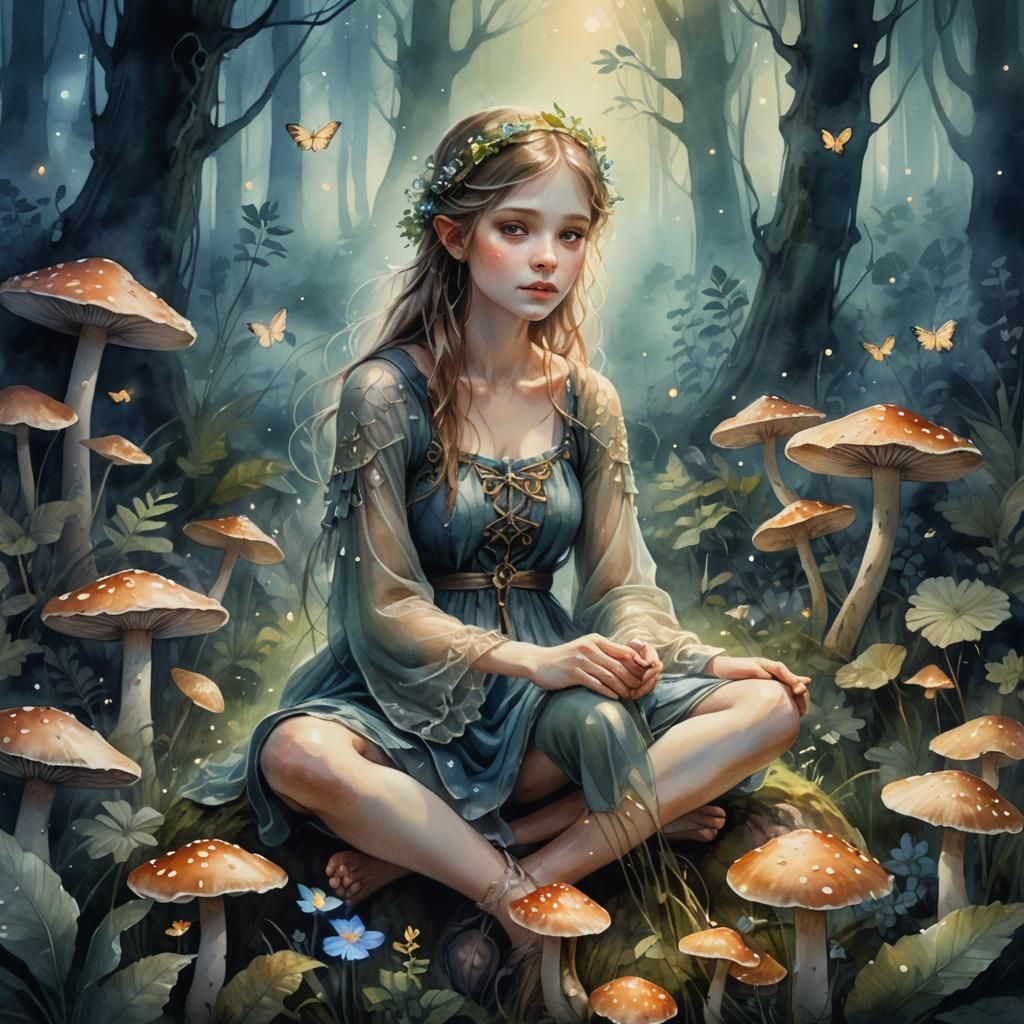 Dreamlike Forest Fairy Portrait in Watercolor Style