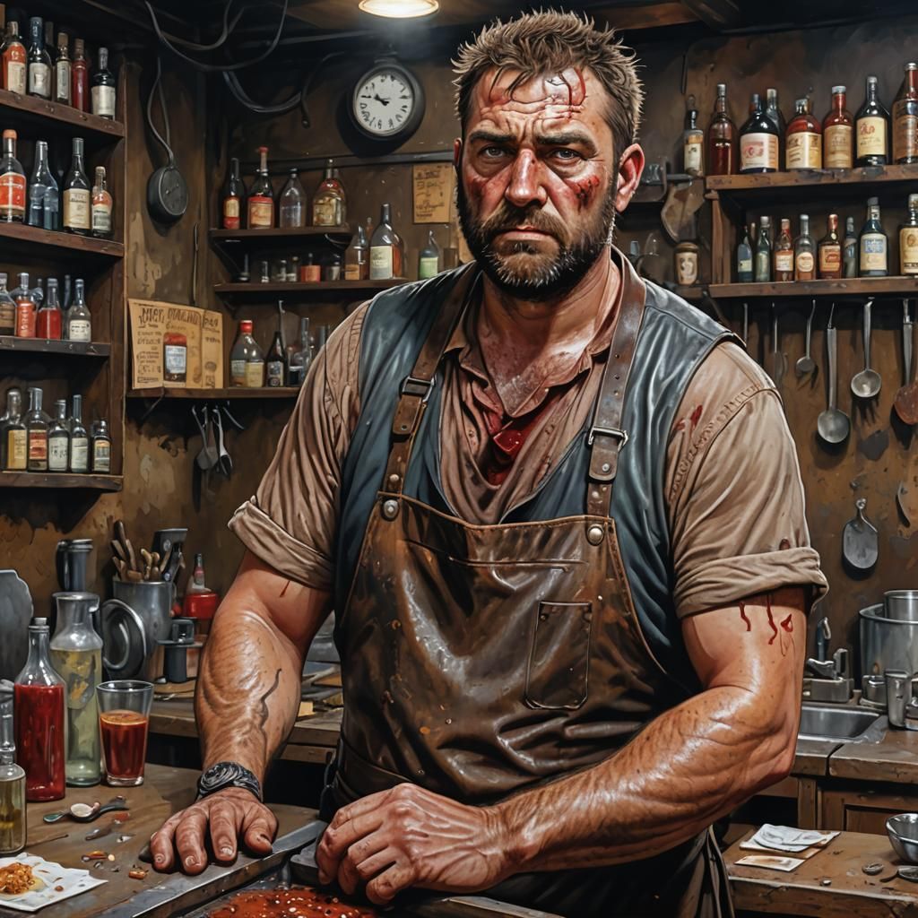 Post-Apocalyptic Man at Bar, Acrylic Painting