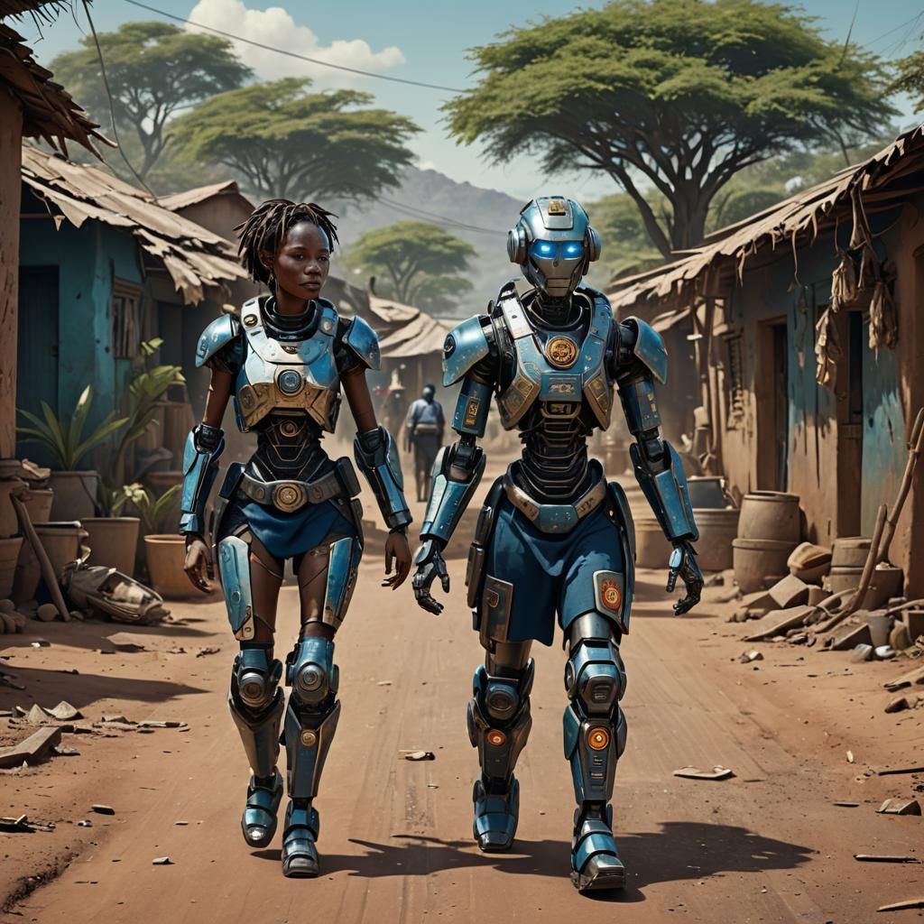 Robot Kisses Bushwoman in African Village: Matte Painting