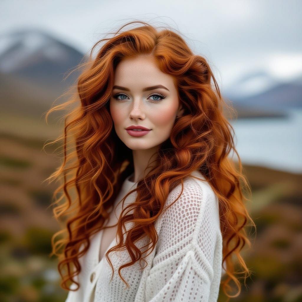 Beautiful Scotland Woman with Long Red Curly Hair