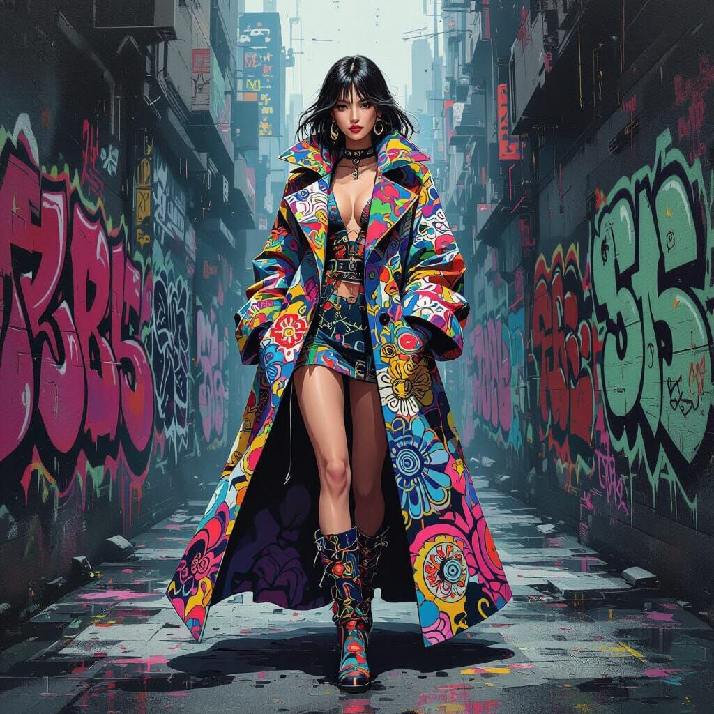 Woman in Zentangle Coat Amidst Graffiti Cityscape