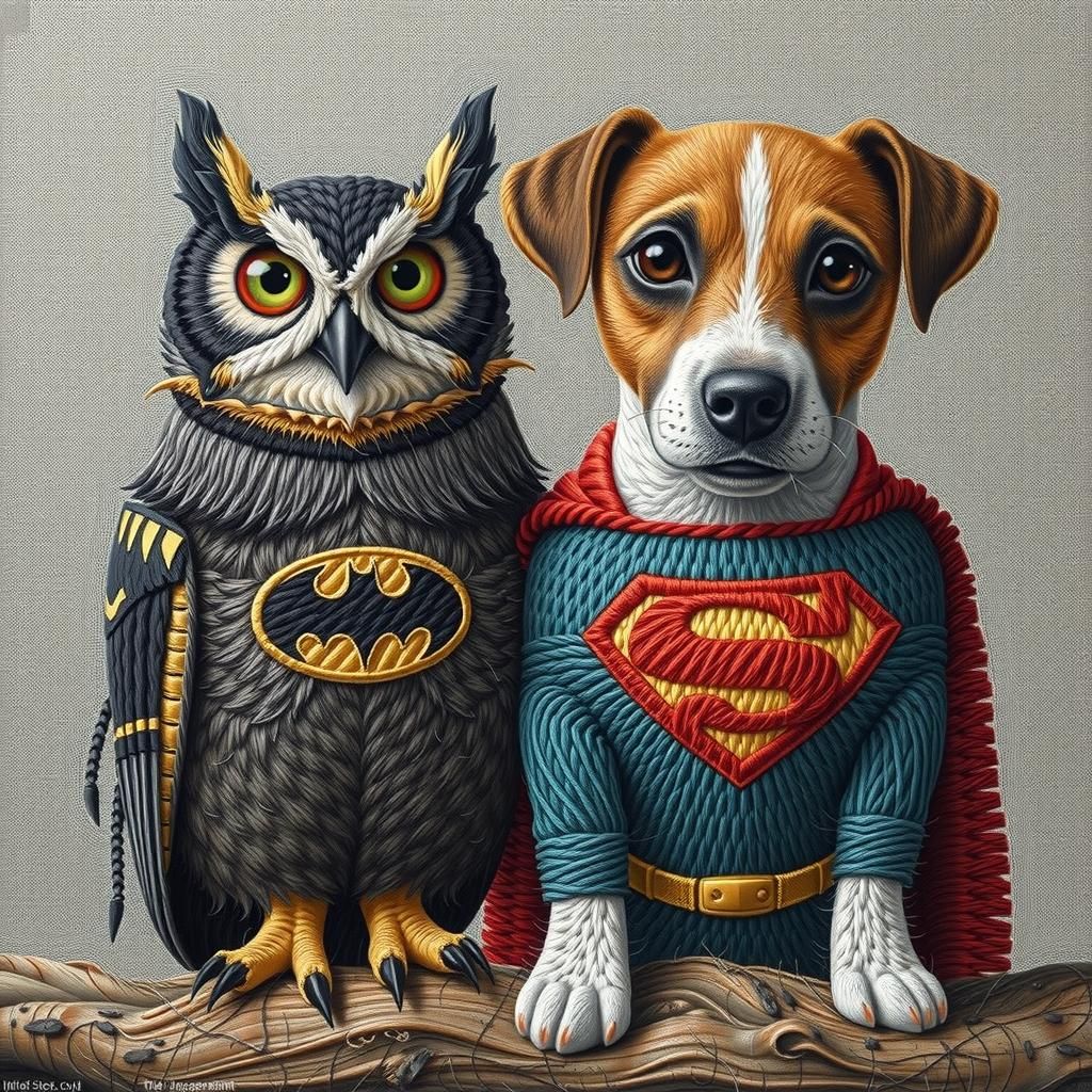 Owl Batman and Superman Dog in Hand Embroidery