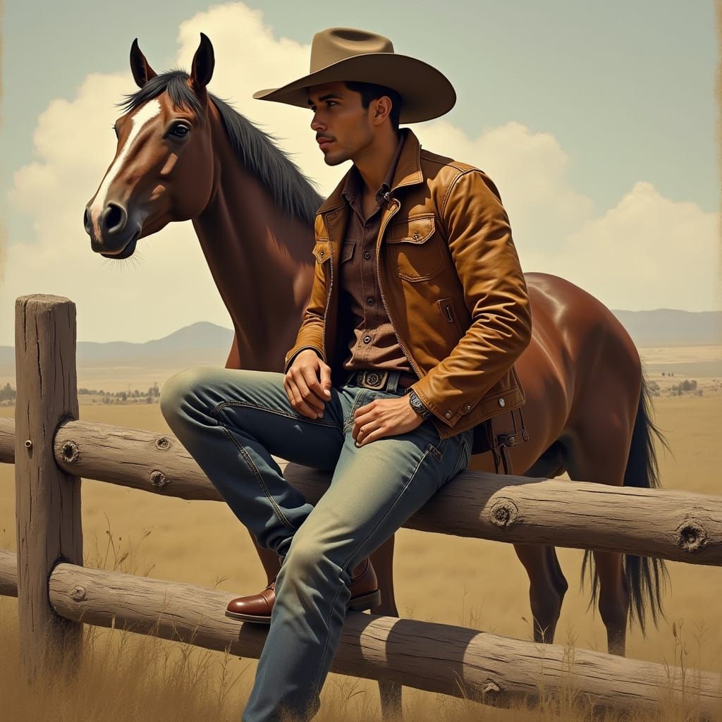 Latino Cowboy on Fence with Horse, Western Style