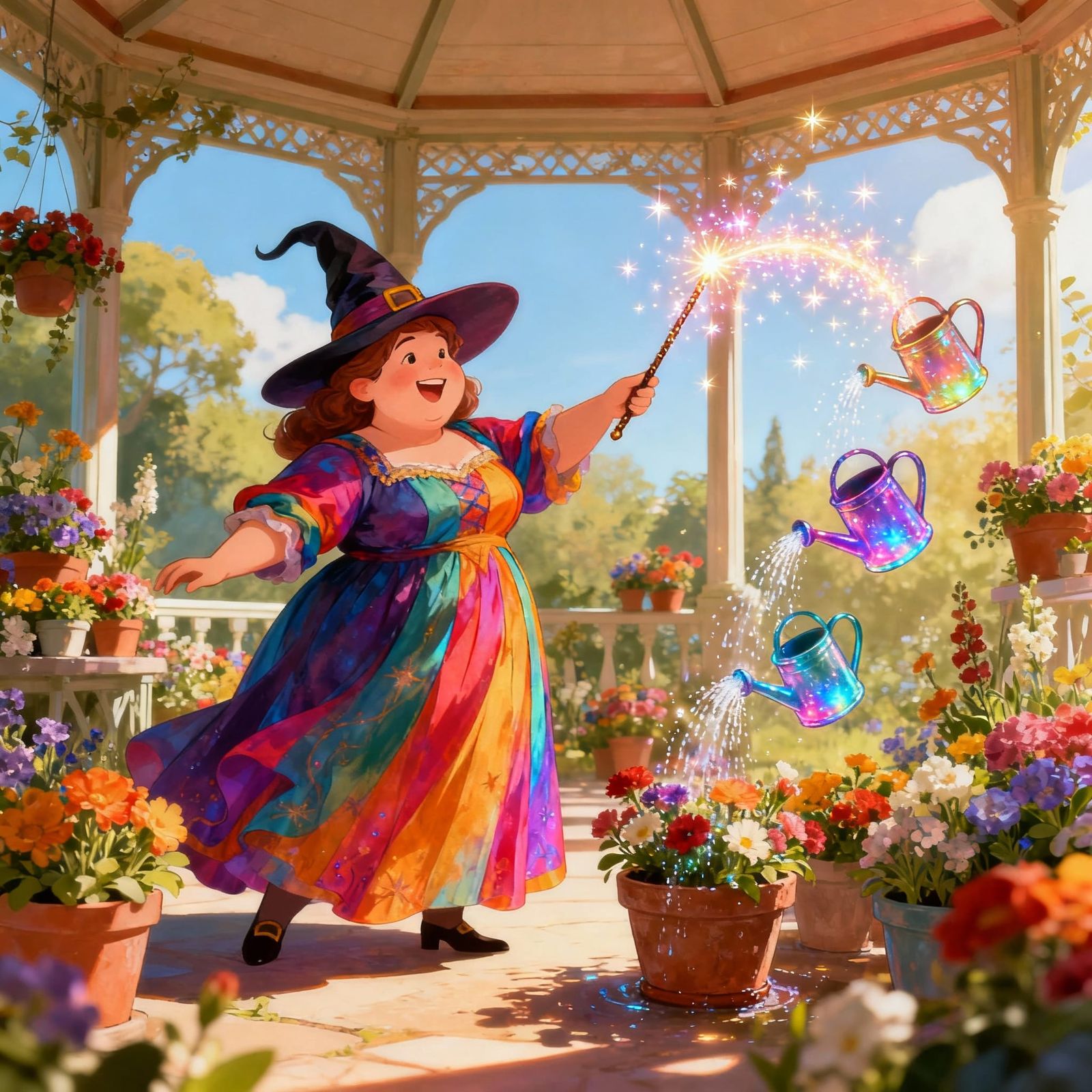 Cheerful Witch Waters Flowers in Magical Gazebo