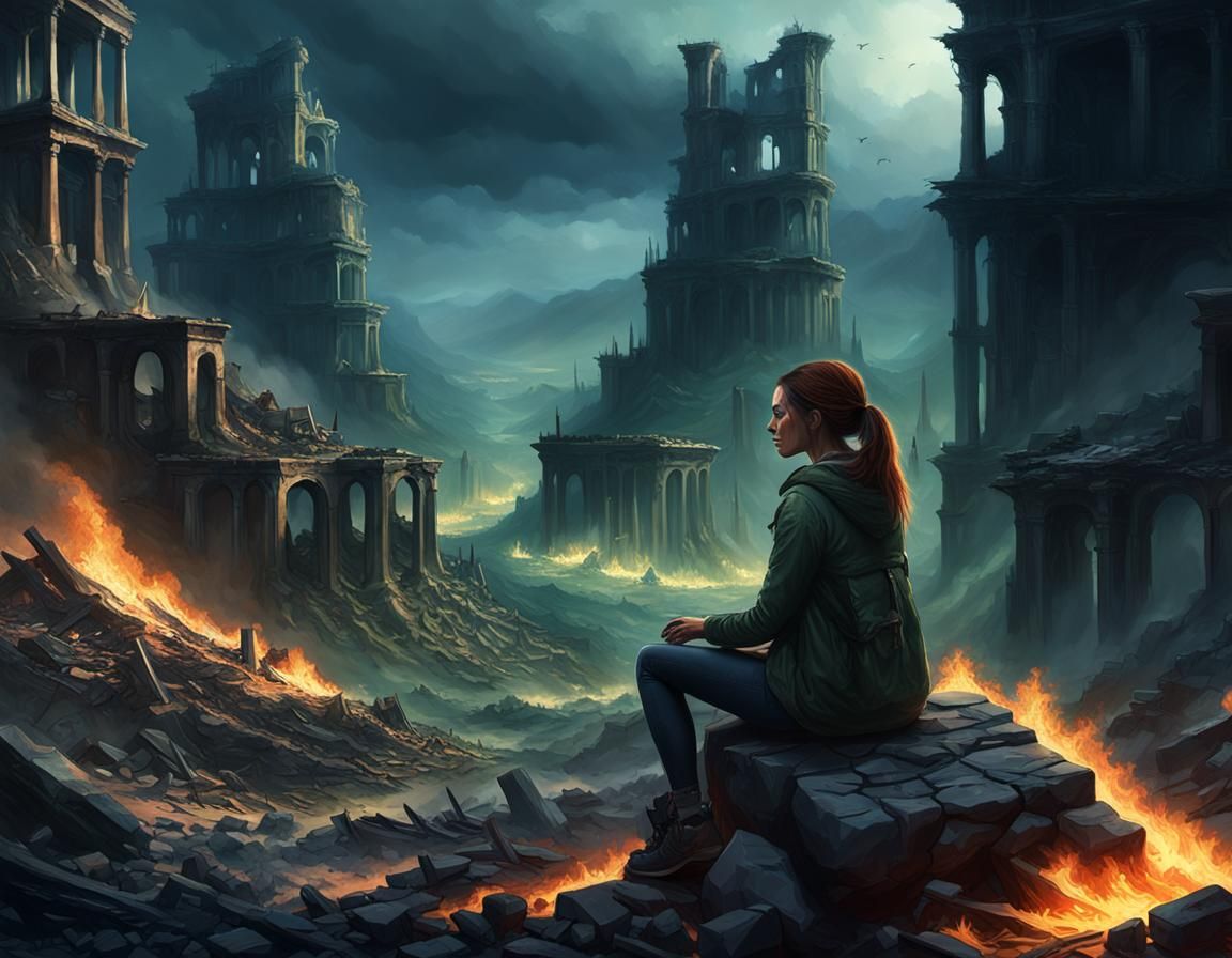 Apocalyptic Portrait of Girl in Destroyed City