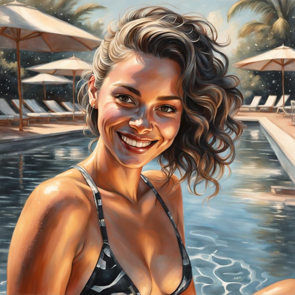 Bikini Woman by Pool in Impressionist Charcoal Drawing