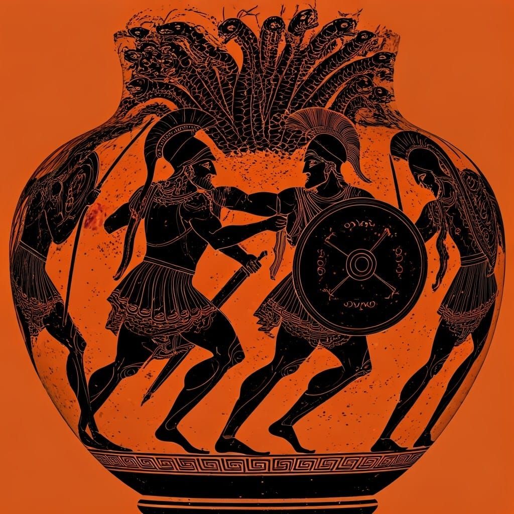 Greek Warriors Clash with Hydra in Black-Figure Style