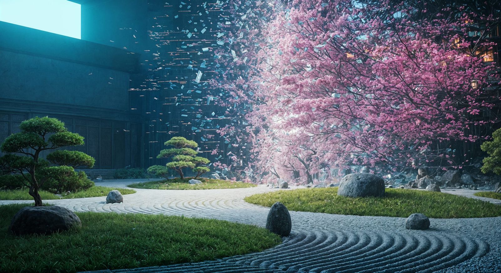 Zen Garden Disrupted by Glitching Digital Entity