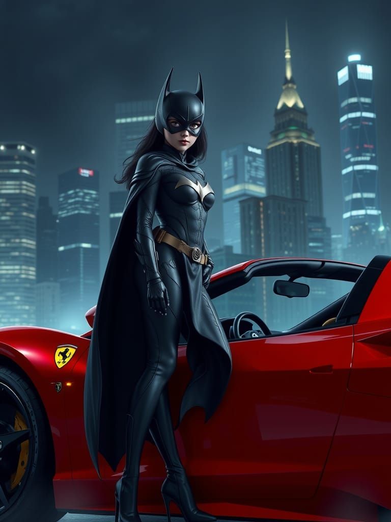 Bat Girl and Ferrari in Gotham City Nightscape