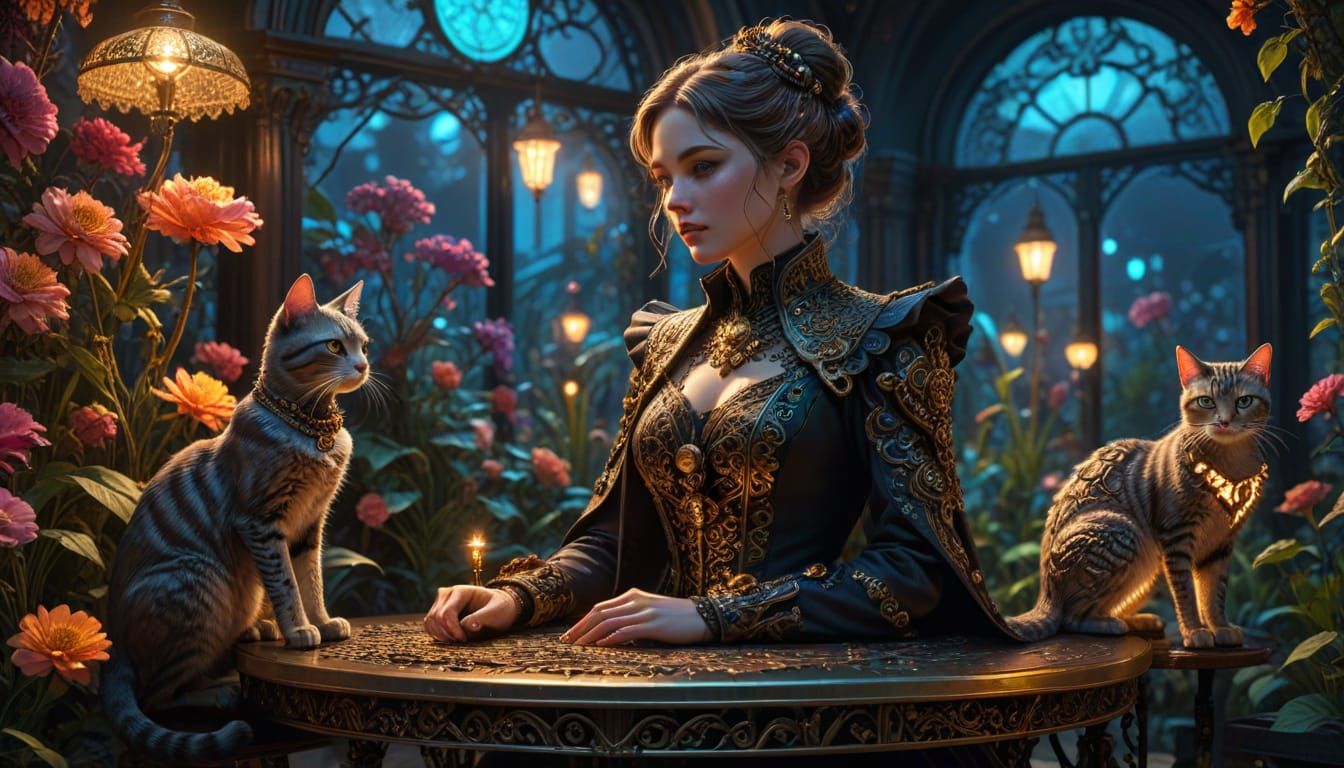 Ethereal Victorian Lady in Cyberpunk Garden Oasis