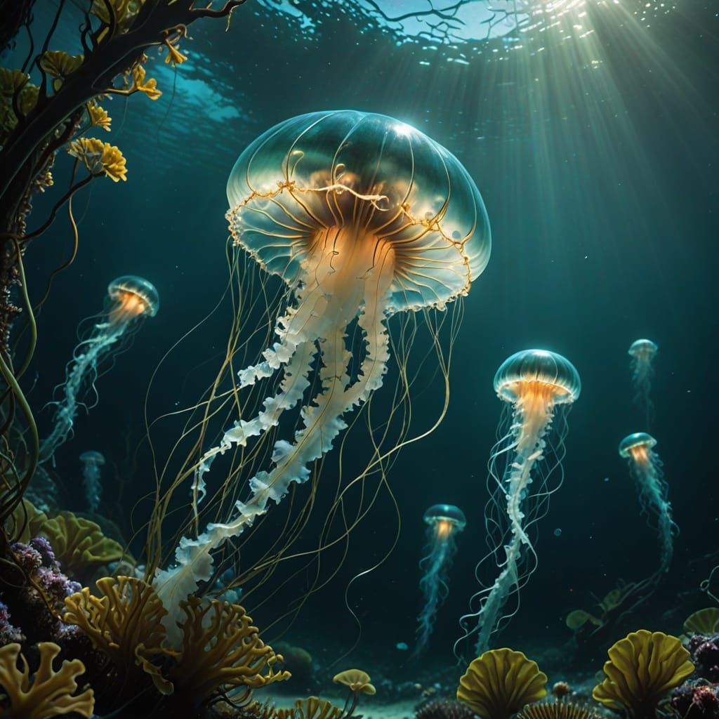 Bioluminescent Jellyfish in an Underwater Kelp Forest