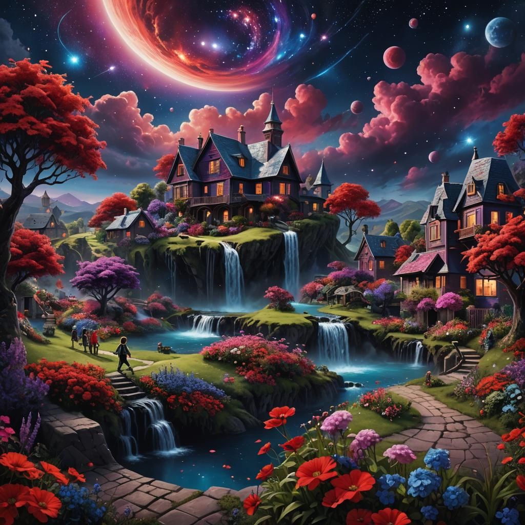 Surreal Home in Black Hole Sky, Matte Painting