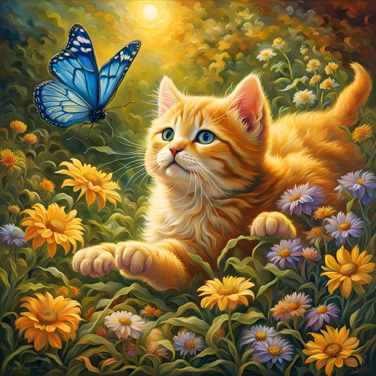 Kittens Chase Butterfly: Polychromatic Oil Painting