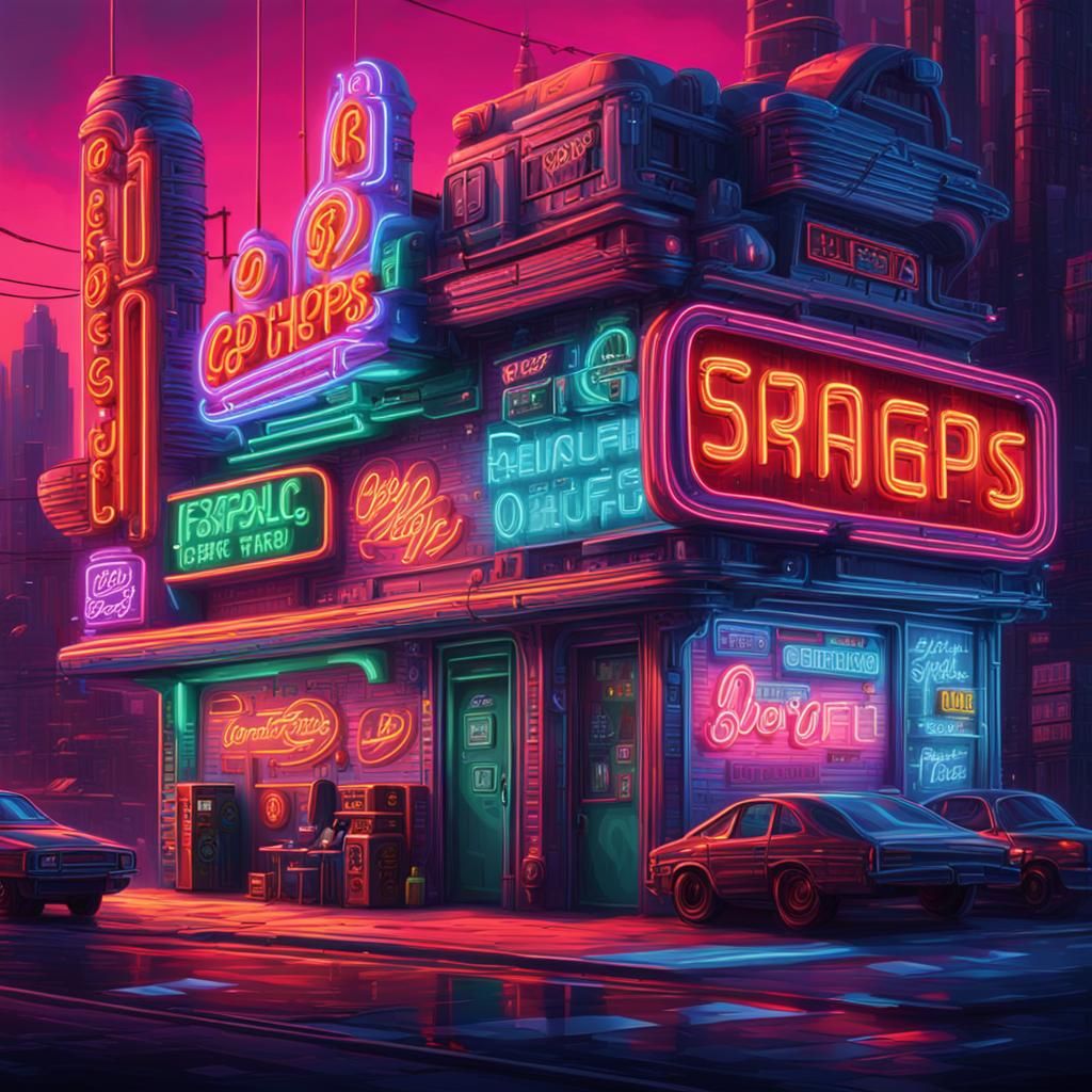 Neon Signs on Alien Shops in Cyberpunk Style