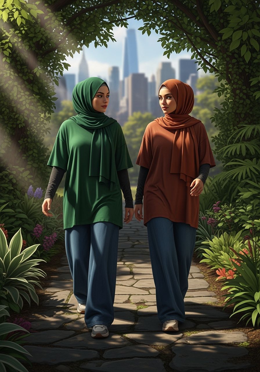 Women in Hijabs Explore Botanic Garden, Digital Art