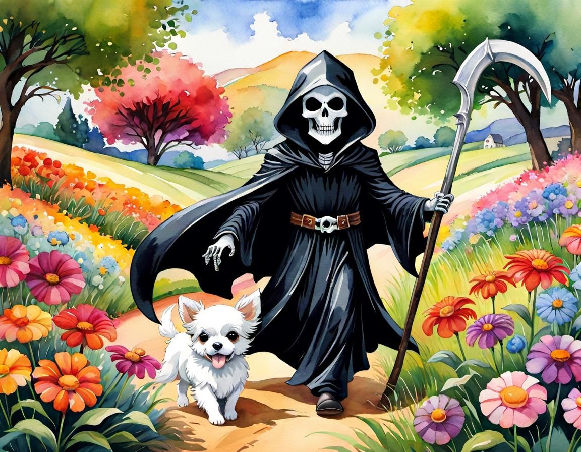 Chibi Grim Reaper's Joyful Walk in Watercolor