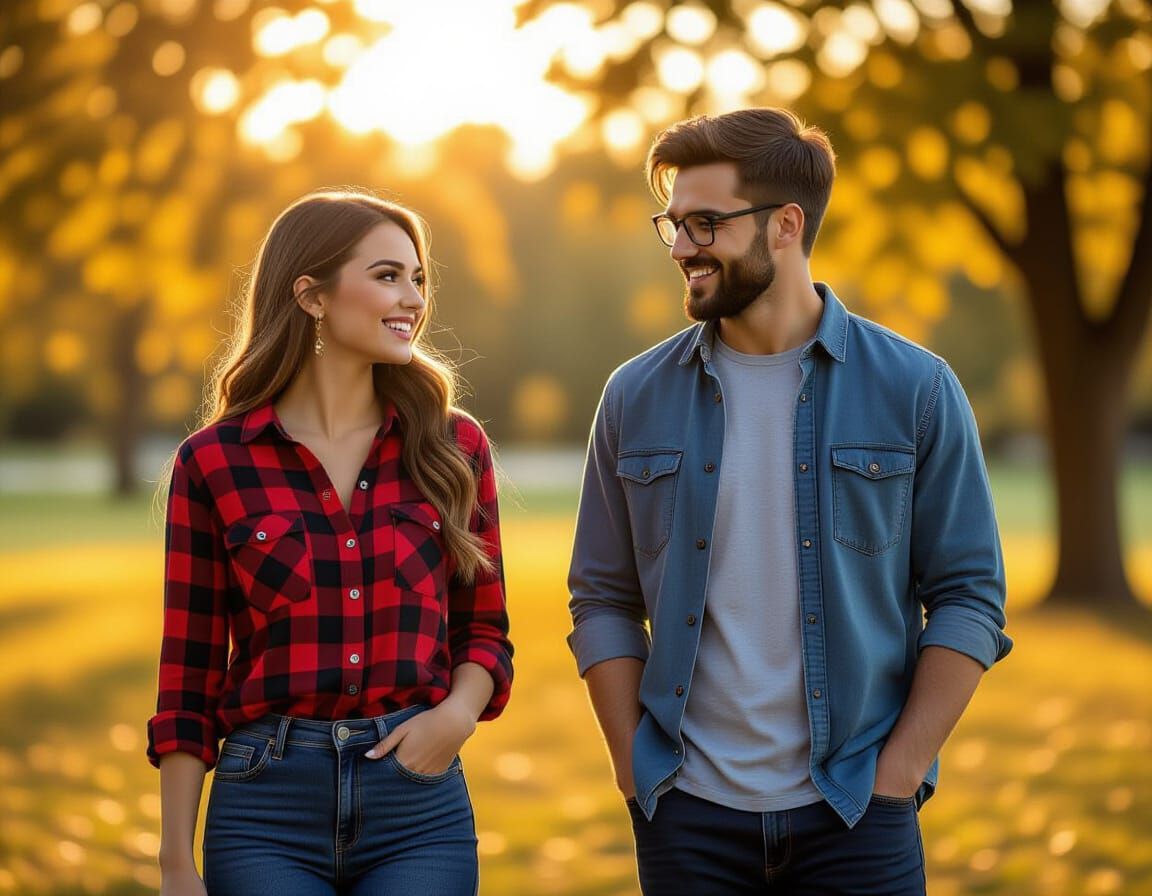 Elf Woman and Man Chatting in Park at Golden Hour