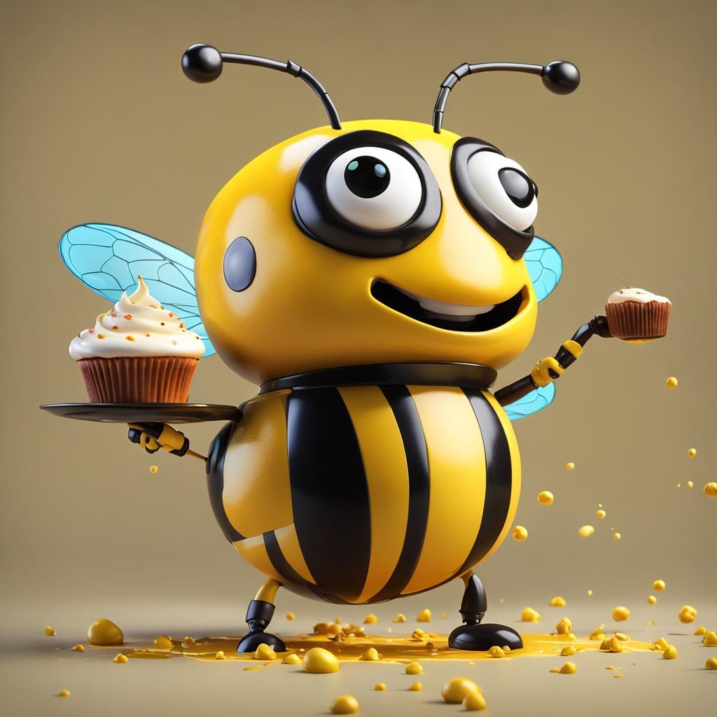 Cartoon Bee with Cupcake: 3D Rendered Illustration