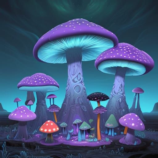 Surreal Alien Landscapes with Towering Mushrooms