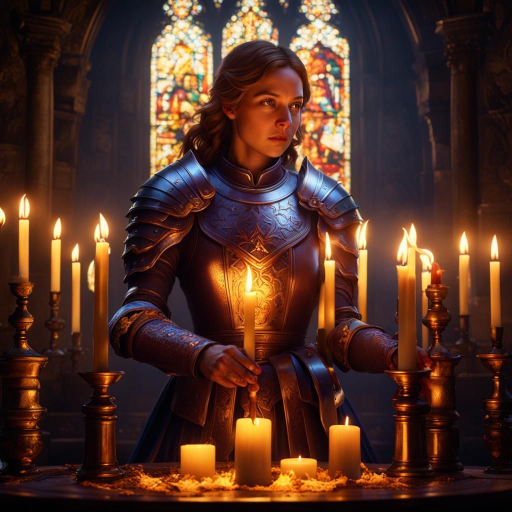 Joan of Arc Lights Candle: Dark Fantasy Art