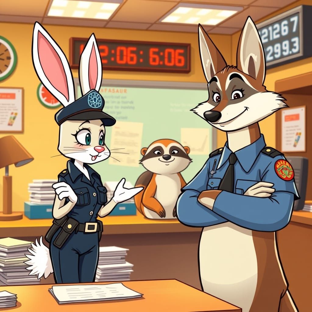 Cartoon-Style Police Rabbit in Quirky Office